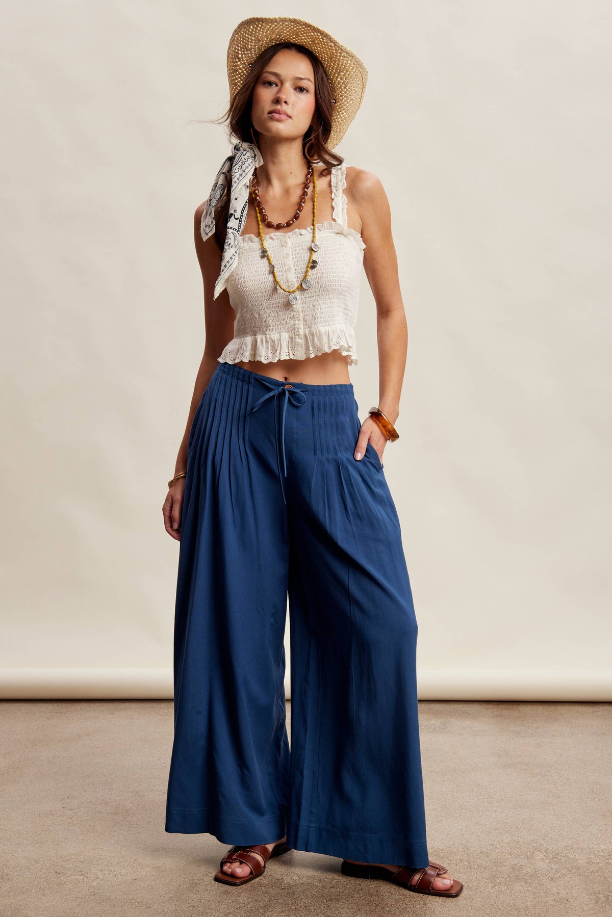 Pleated Waist Wide Leg Pants