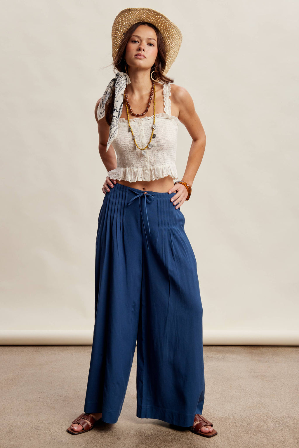 Pleated Waist Wide Leg Pants