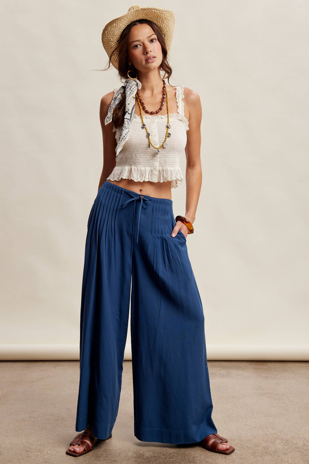 Pleated Waist Wide Leg Pants