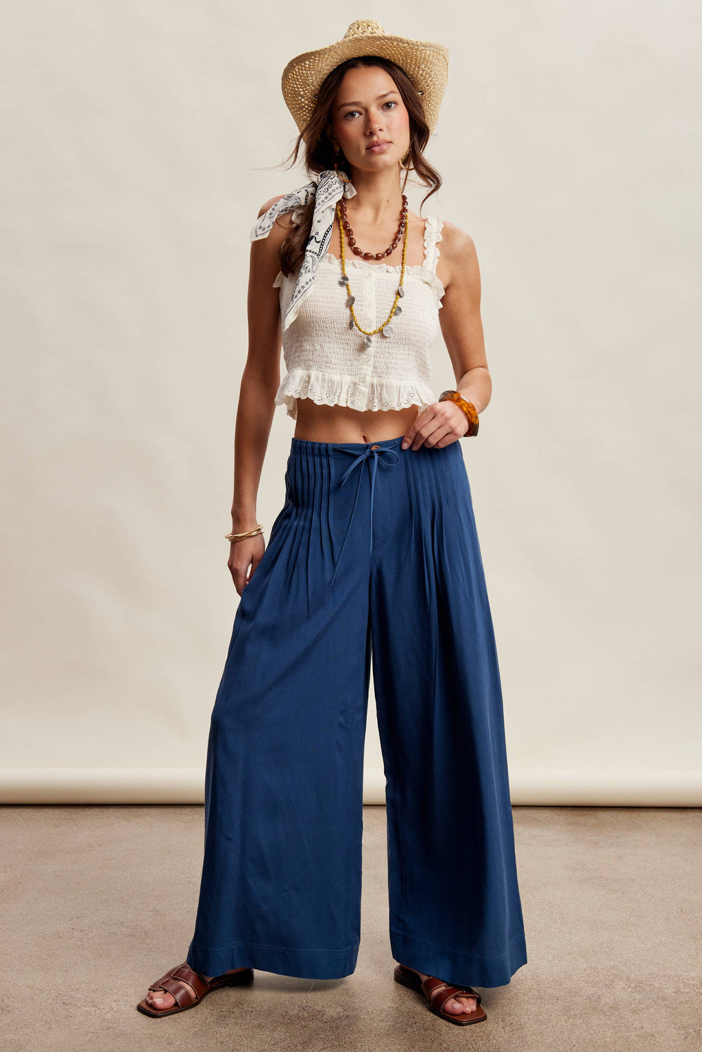 Pleated Waist Wide Leg Pants