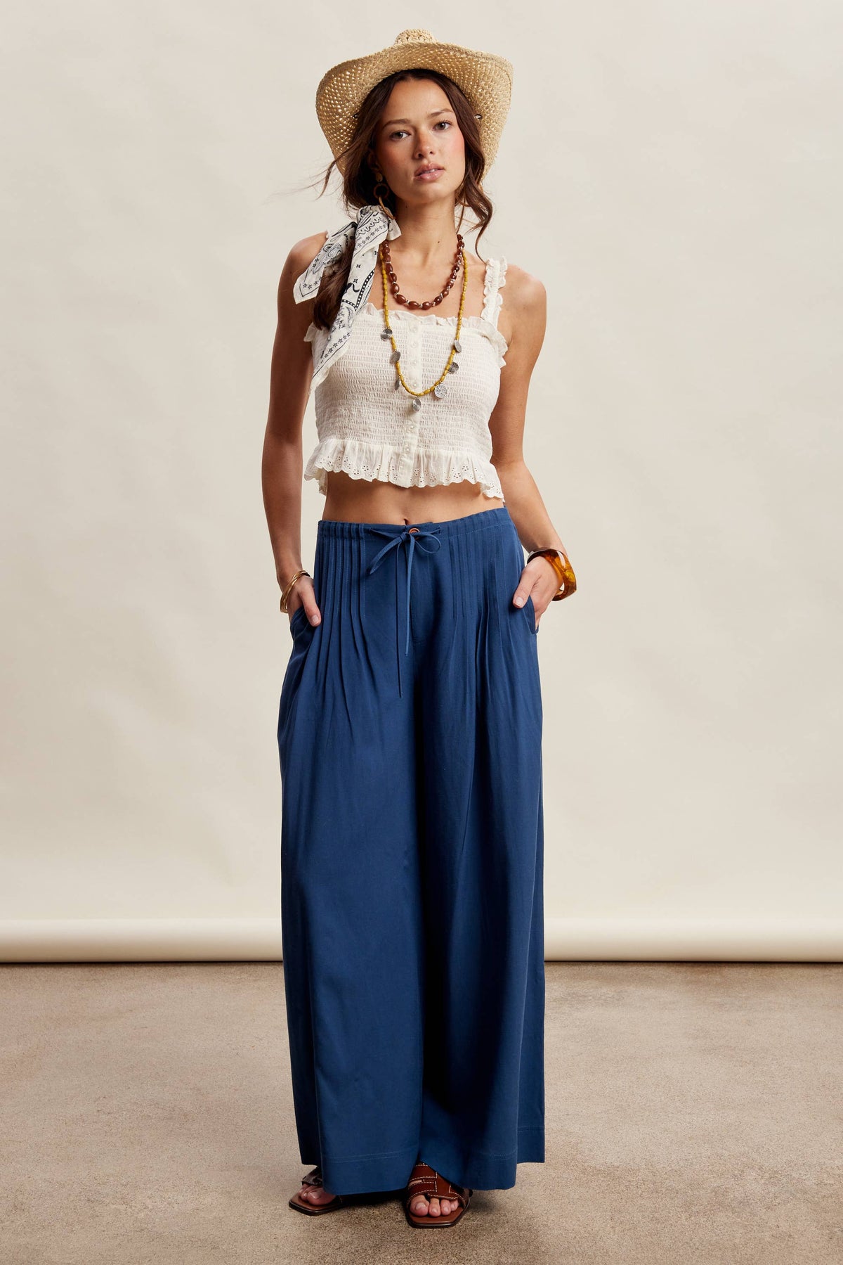Pleated Waist Wide Leg Pants
